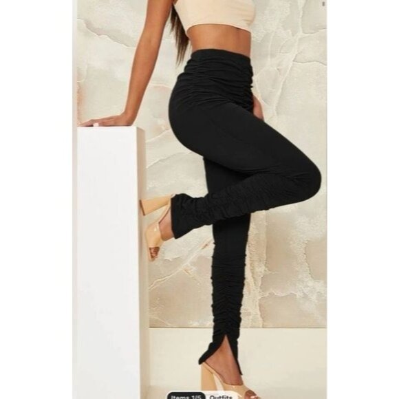 Shein Black Ruched High-Waisted Stretch Leggings Women Size M EU 38 US 6 Polyest - Picture 7 of 12